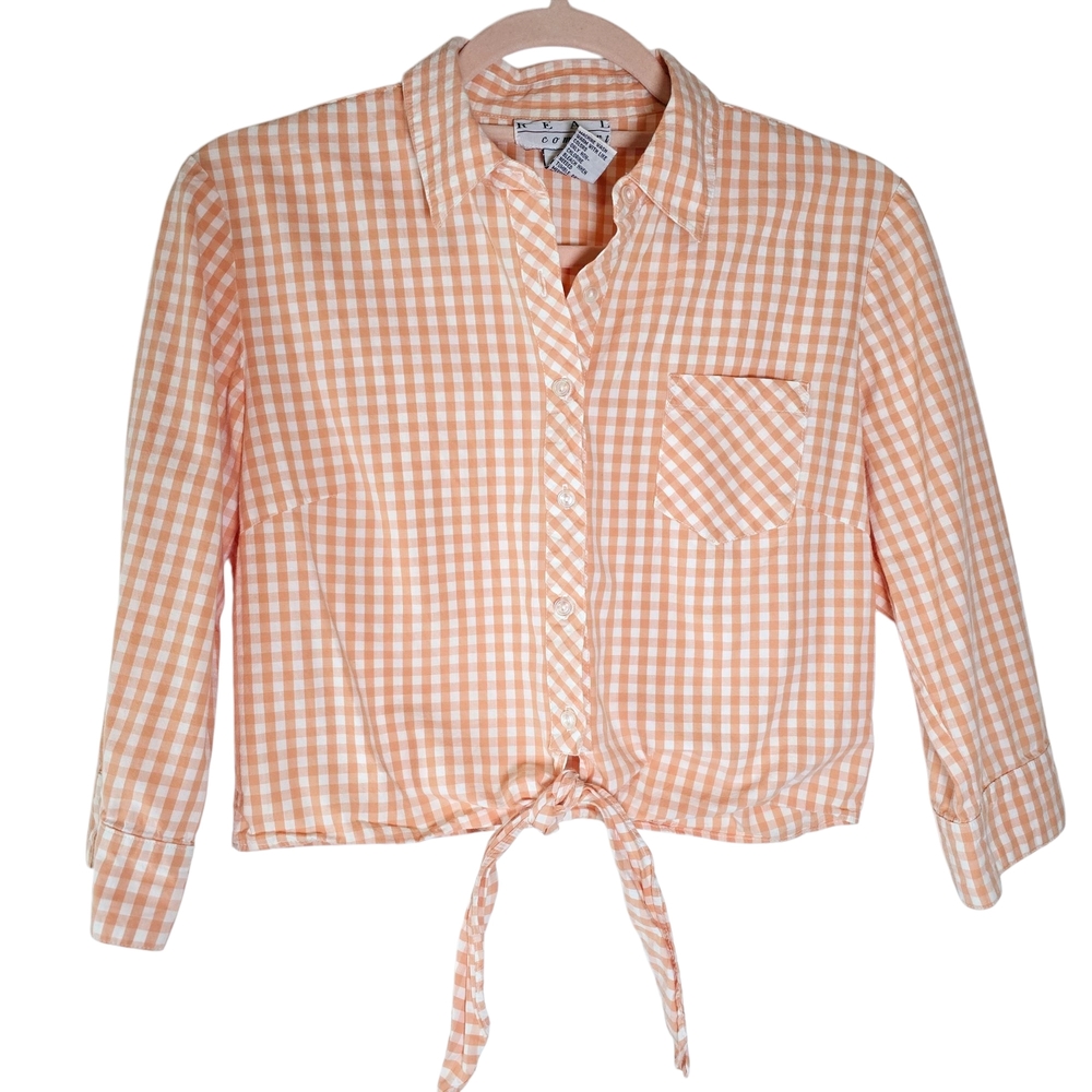 Women's Vintage Orange Gingham Tie-Front Shirt